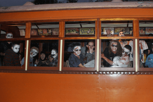 Looking into a train car filled with party-goers dressed as zombies for the Hartford, CT Rails to the Dark Side event